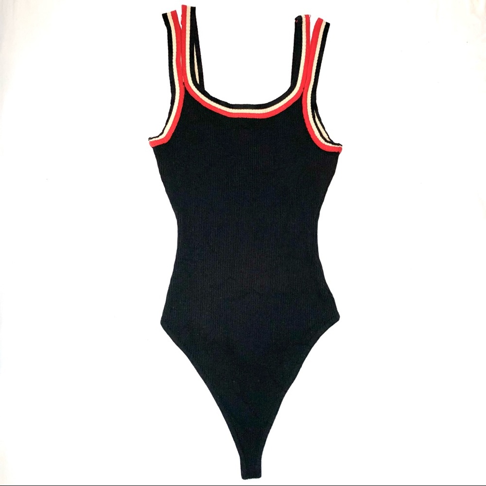 Stylish Black Bodysuit with Red and White Accents